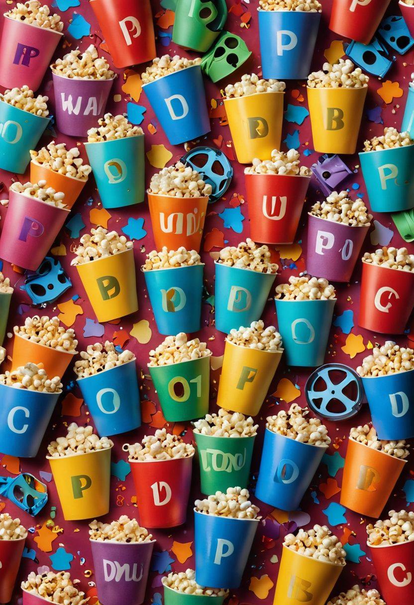 A colorful collage of film reels representing various genres, with exotic clips blending into cheerful film scenes, vibrant characters expressing joy and laughter. Include playful elements like popcorn and confetti for a festive touch. The background should be a mix of bright, cheerful colors that evoke happiness and excitement. surreal and vibrant colors. dynamic composition.