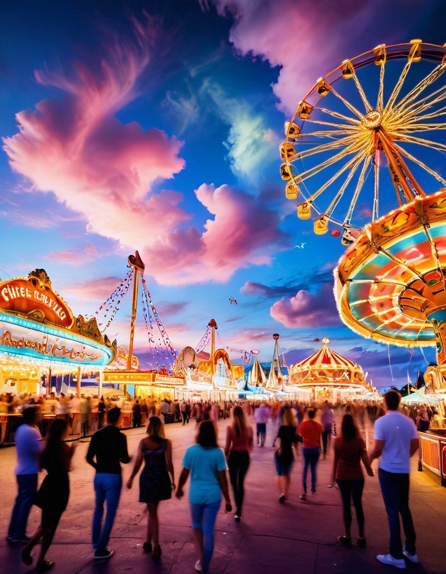 A whimsical scene of a vibrant carnival with people enjoying playful activities, laughing together amidst colorful decorations. Include hints of flirtation, such as couples sharing playful glances and playful interactions, blending humor with a sensual atmosphere. The sky is filled with soft, cotton candy clouds and twinkling lights, inviting viewers into a joyful escape. super-realistic. vibrant colors. lively atmosphere.