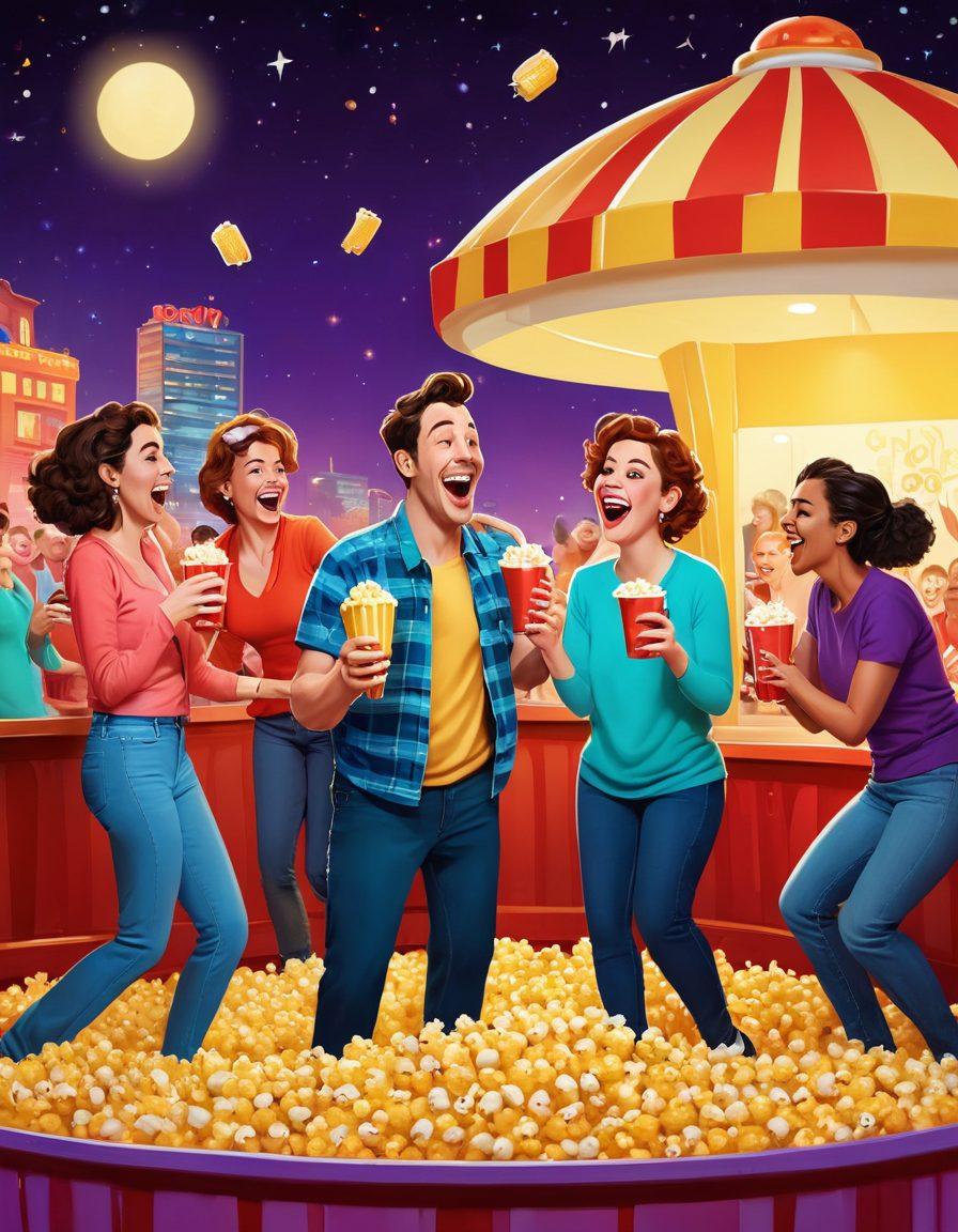 A whimsical illustration of a diverse group of adults laughing and enjoying various comical activities, surrounded by playful and colorful props like oversized popcorn, cartoonish drinks, and humorous games. The setting is a lively entertainment venue with bright lights and a cheerful atmosphere, capturing the essence of adult fun and joy. Characters should be exaggerated in expression, showcasing delightful laughter and camaraderie. vibrant colors. cartoon style.